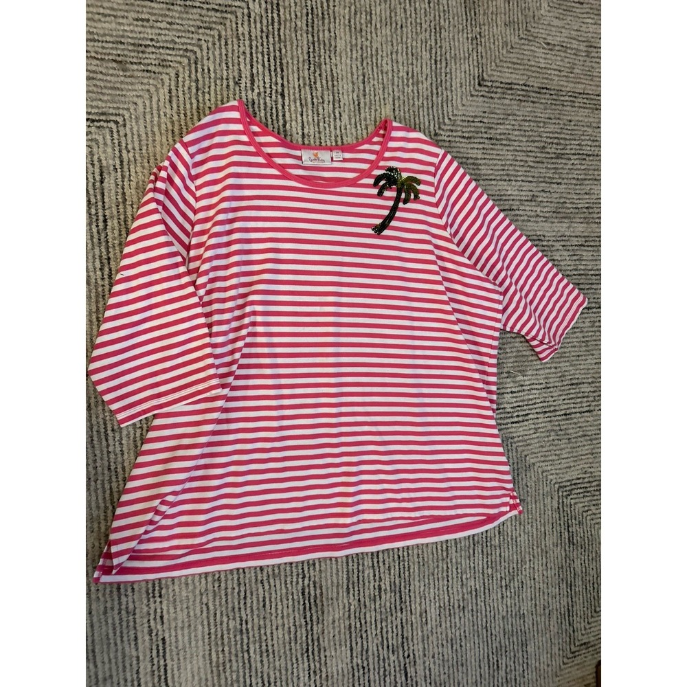 Quacker Factory QVC Pink White Striped Palm Tree Embellished Top Size 3X Sequin
